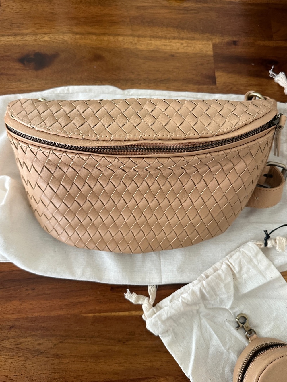Woven Leather Crossbody Belt Bag in Nude Tan